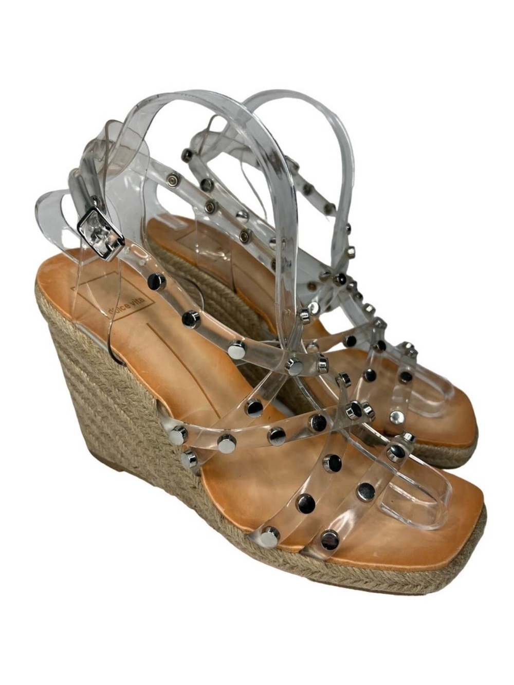 Dolce Vita Maxton Clear Studded Espadrille Wedge Sandals Women's Size 8.5